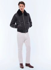 Leather bomber with removable col