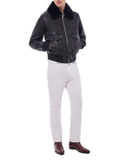 Leather Bomber With Removable Col