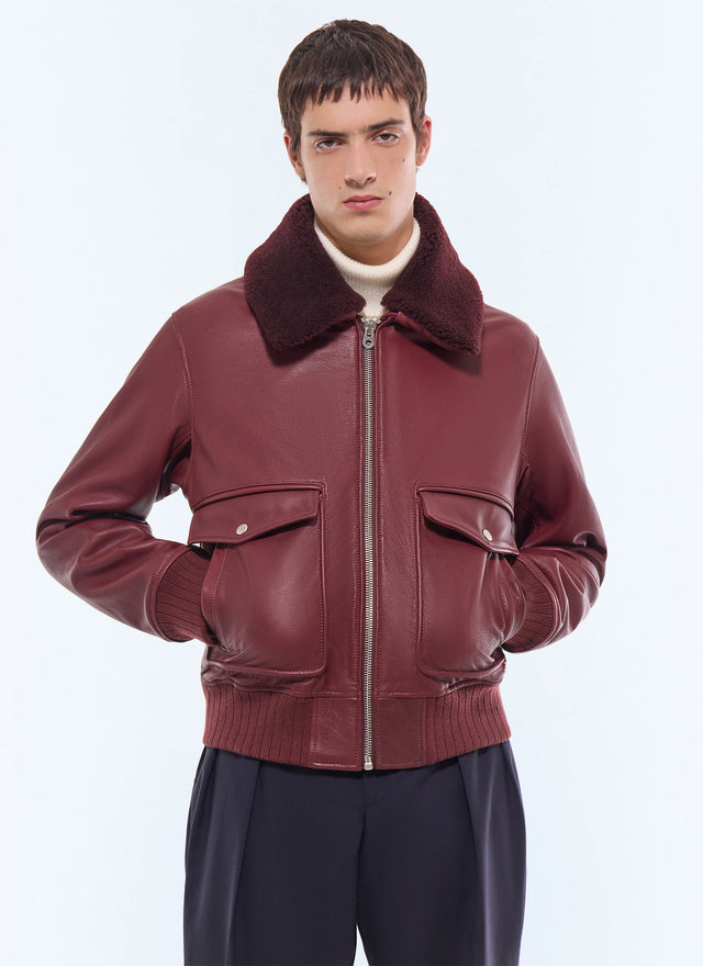 Leather bomber with removable col