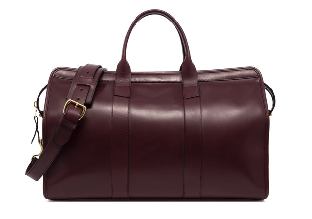 Signature Travel Duffle - Belting - Burgundy - Lined - Black Trim - Zipper Pocket - Brass - Goldfoil Monogram