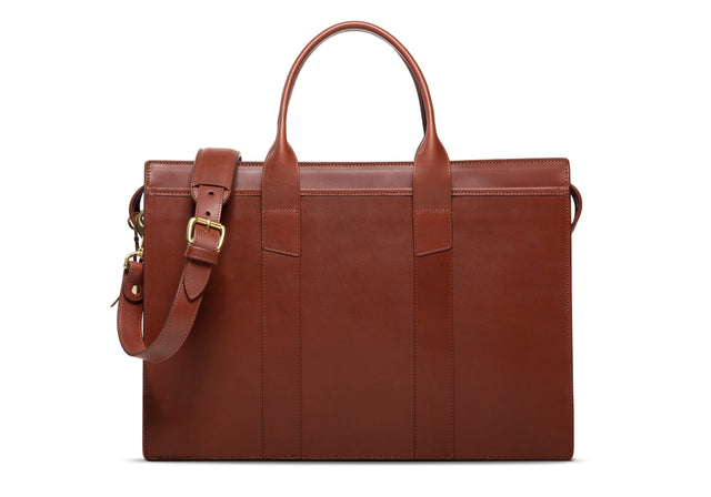 Zip-Top Briefcase - Belting - Chestnut - Double - Hunter Green Suede Lining