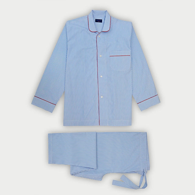 Light Blue Bengal Stripe Cotton Pyjamas with Red Piping