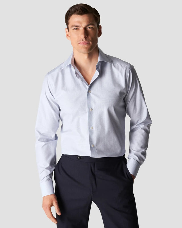 Mid Blue Micro Checked Cotton-Lyocell Stretch Shirt - Eton
