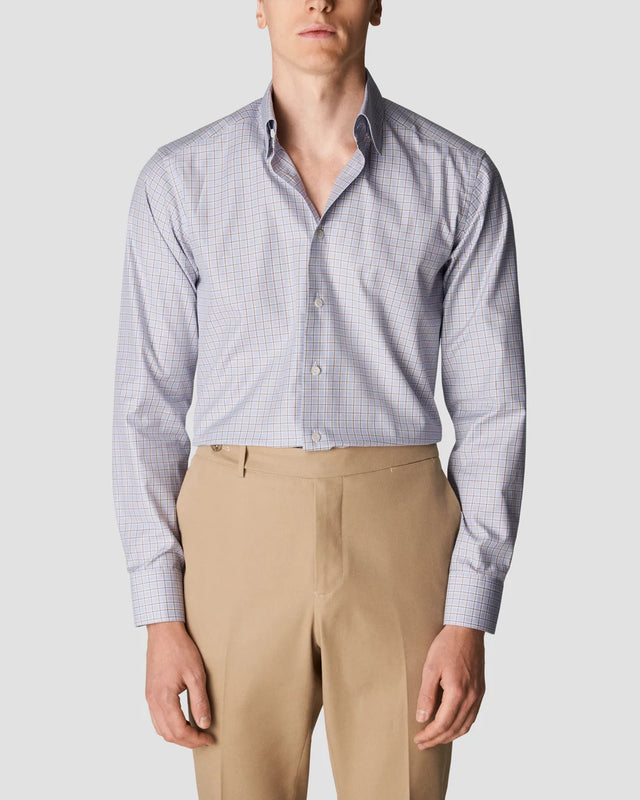 Mid Blue Plaid Cotton Lyocell Stretch Shirt - Eton