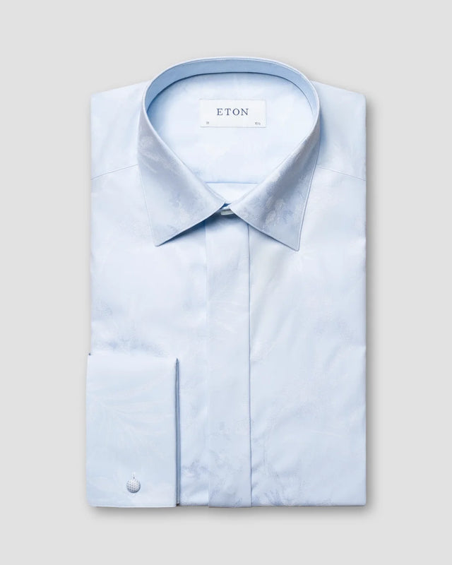 Light Blue Floral Print Jacquard Tuxedo Shirt - Eton