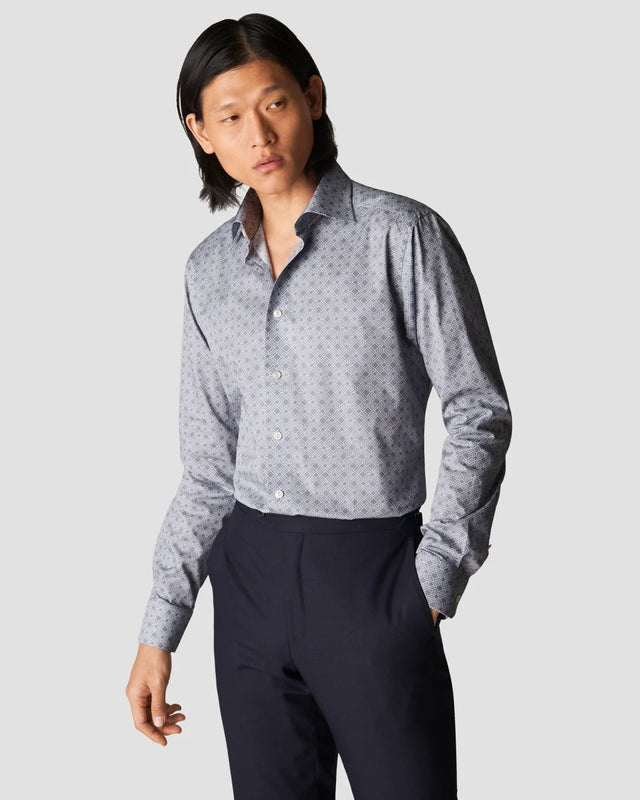 Light Blue Double E Logo Print Fine Twill Shirt - Eton