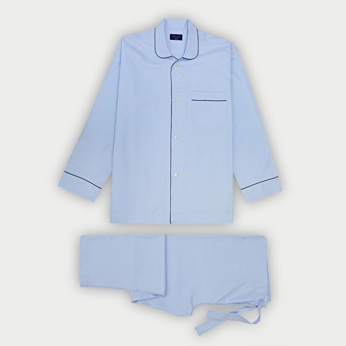Light Herringbone Cotton Pyjamas With Navy Piping