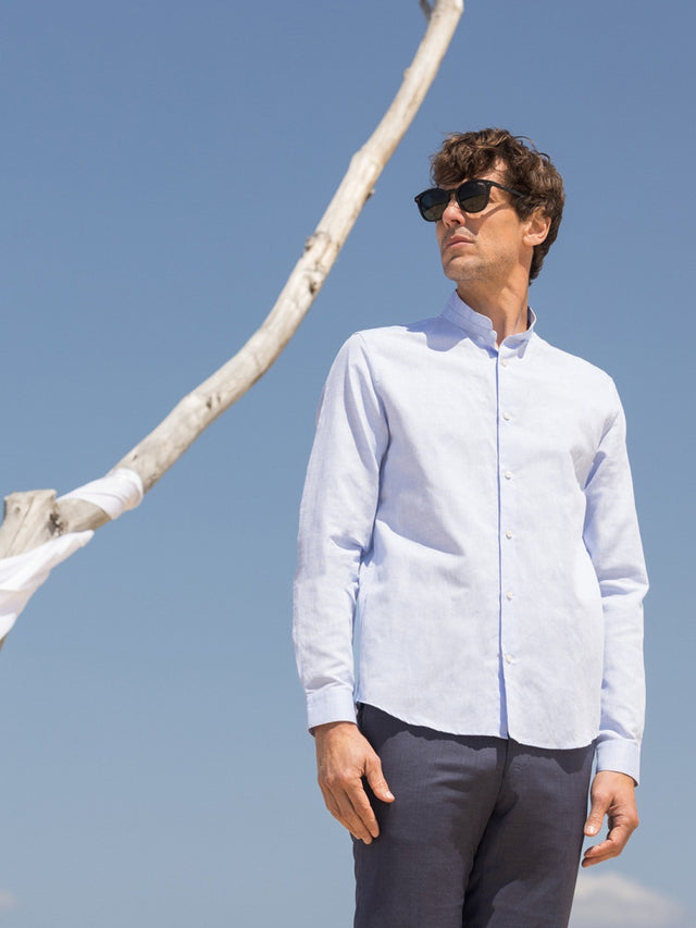 Light blue Mandarin collar linen and cotton shirt