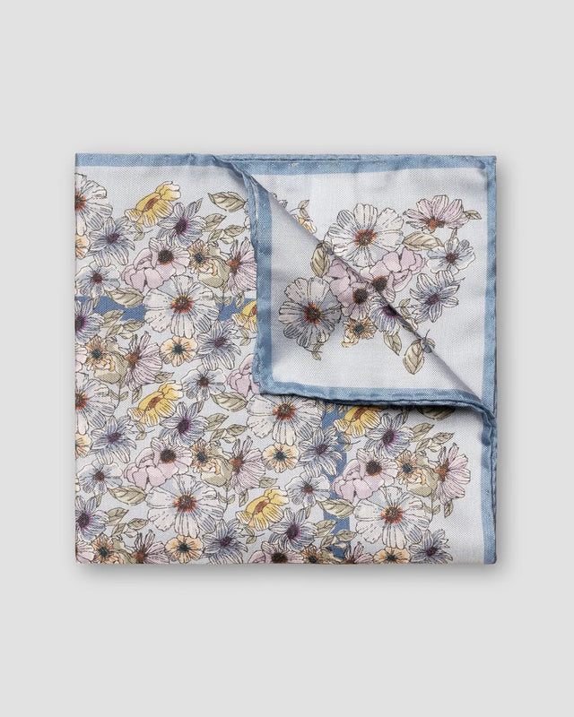 Light Blue Floral Print Tussah Silk Pocket Square