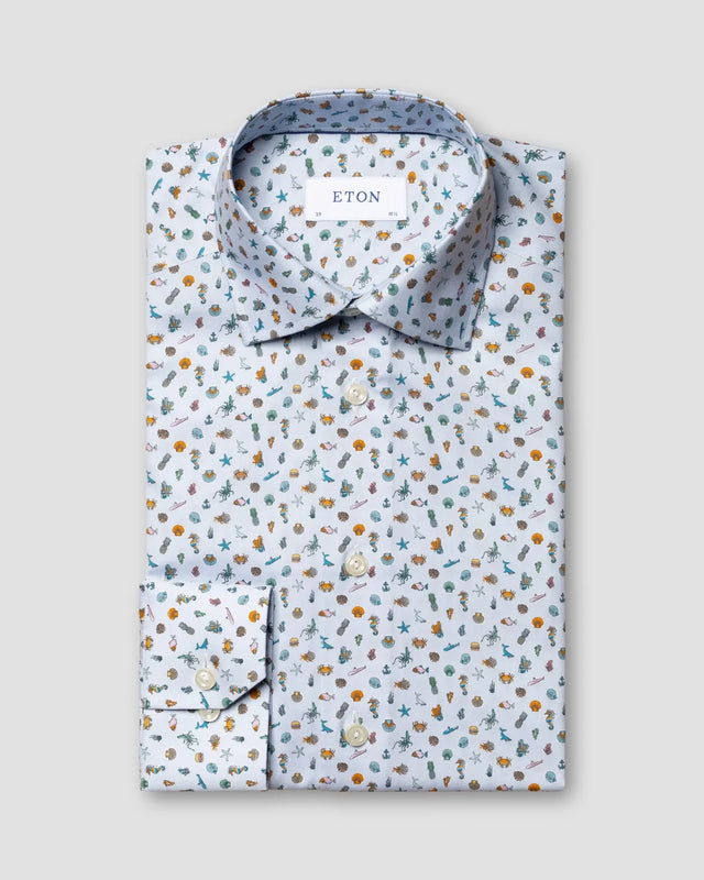 Light Blue Seafood Print Poplin Shirt – Short Sleeve - Eton
