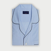 Light Small Gingham Check Cotton Pyjamas With Navy Piping