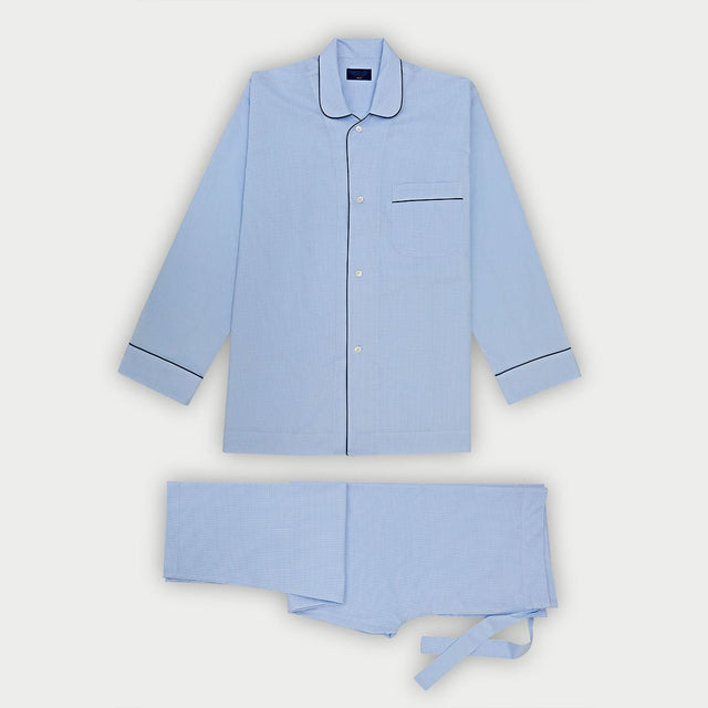 Light Blue Small Gingham Check Cotton Pyjamas with Navy Piping
