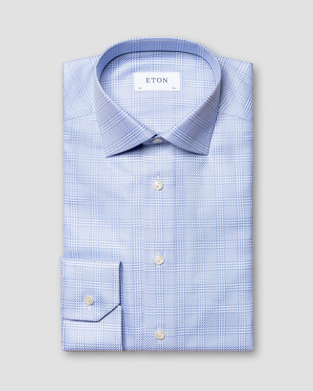 Mittelblau kariertes King-Twill-Hemd - Eton