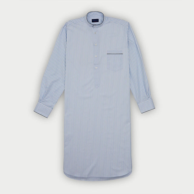 Light Blue Wide Stripe Cotton Nightshirt with Navy Piping