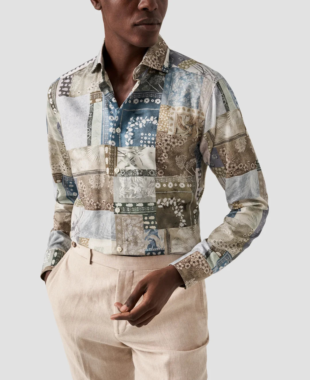 Light Green Patchwork Print Cotton Tencel Lyocell Shirt Eton