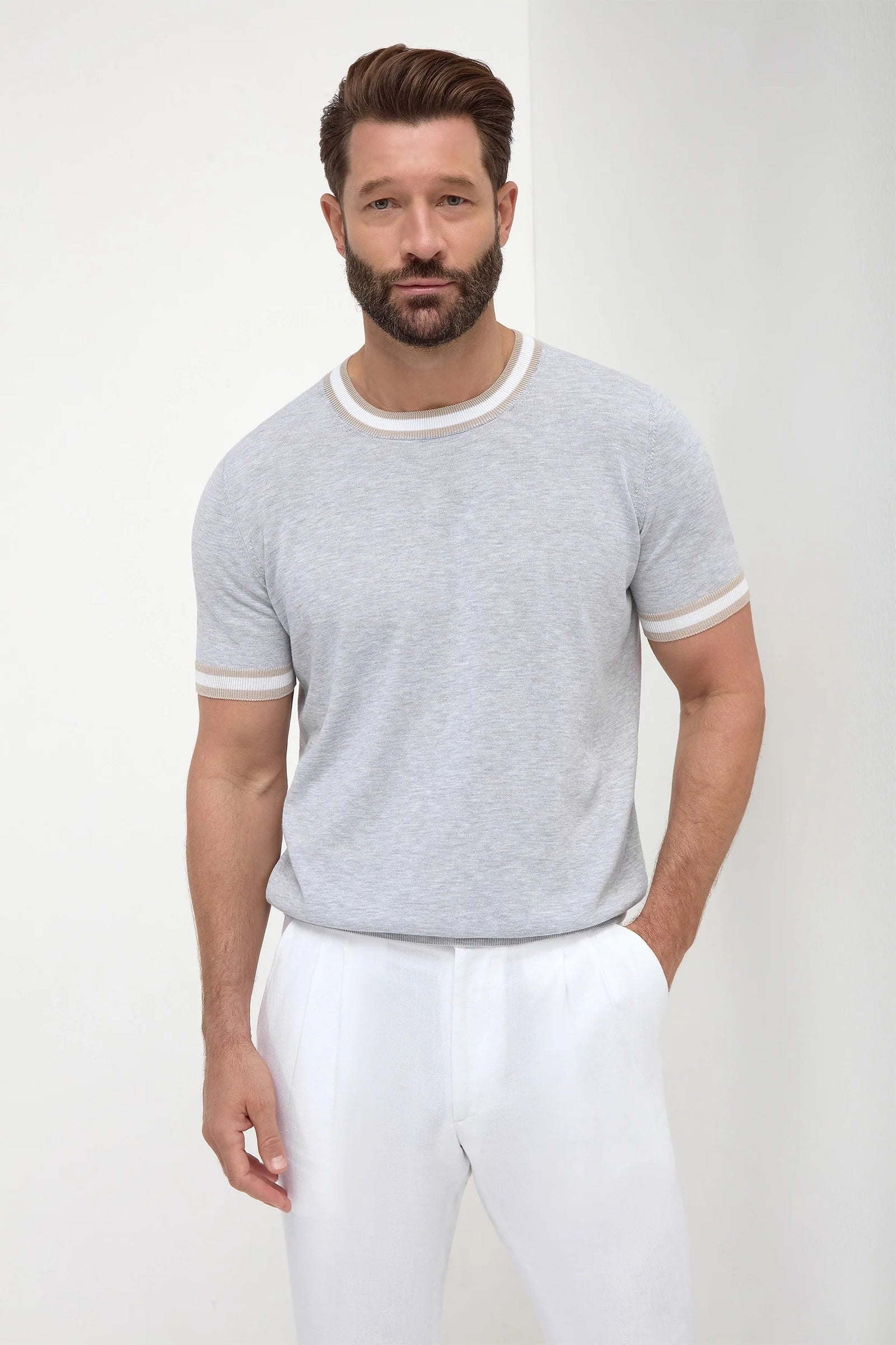 Striped Collar Detail Knitted T Shirt Made In Italy