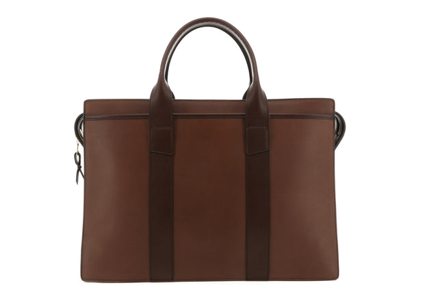 Double Zip-Top Briefcase - Light Brown/Chocolate Trim - Belting