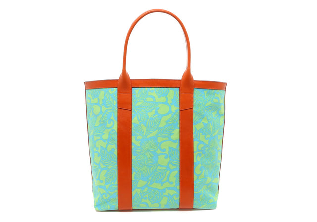 Tall Tote - Light Green/Light Blue Floral - Orange Trim