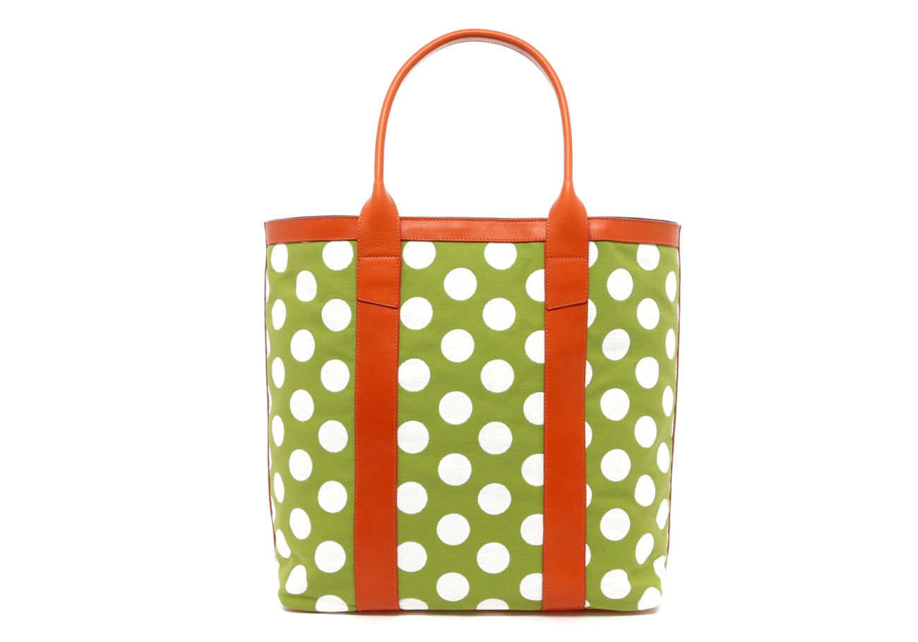 Tall Tote - Light Green/White Polka Dots - Orange Trim
