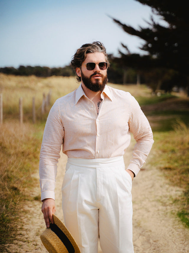 French collar shirt in linen and cotton with mandarin stripes