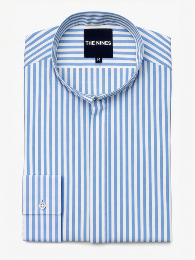 Linen Revere Collar Shirt with Blue Stripes