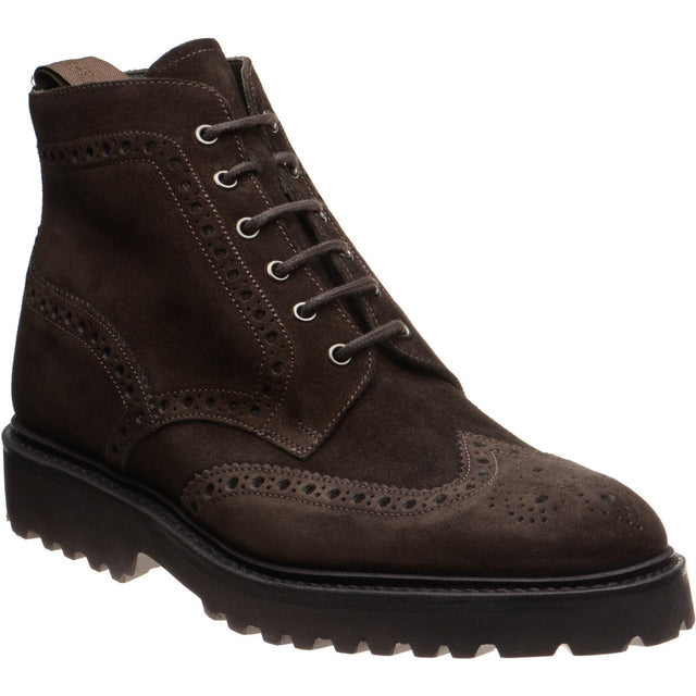 Loake Pegasus mens rubber-soled brogue boots in dark brown suede