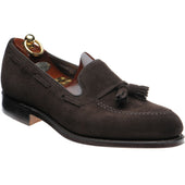 Loake Russell mens tasselled loafers in choc brown suede