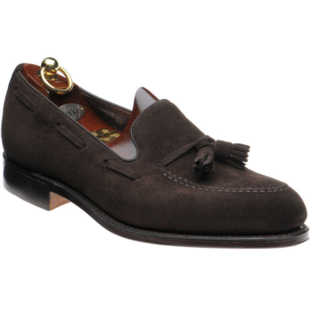 Loake Russell mens tasselled loafers in choc brown suede