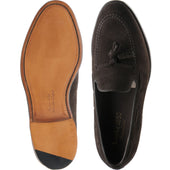 Loake Russell mens tasselled loafers in choc brown suede