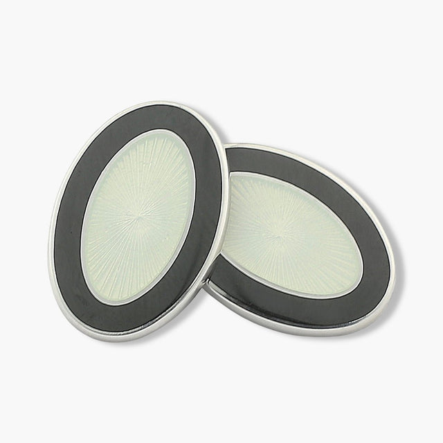 Longmire Sterling Silver Double Oval Black & White Enamel Cufflinks
