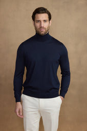 Pull fin à col roulé en cachemire & soie bleu marine