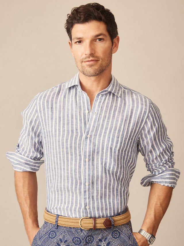 White/Navy Dobby Stripe Gramercy Linen Shirt | Men's Shirts | J.McLaughlin