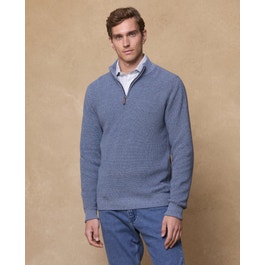 Steve 1/4 Zip Cotton Knitwear in Denim Blue on White Melange | Magee 1866