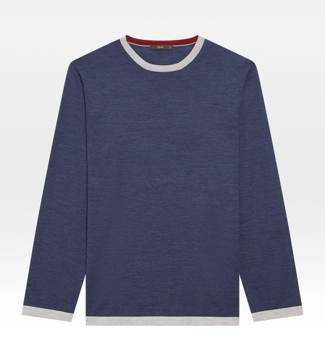 Pull fin en laine à col rond bleu & gris