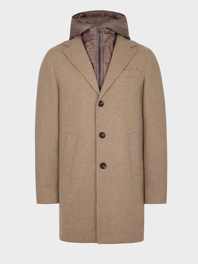 Manteau en laine mélangée beige à capuche amovible