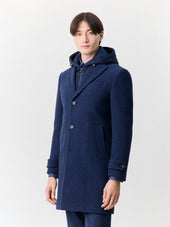Manteau En Laine M Lang E Bleu Indigo Capuche Amovible