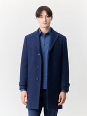Manteau en laine mélangée bleu indigo à capuche amovible