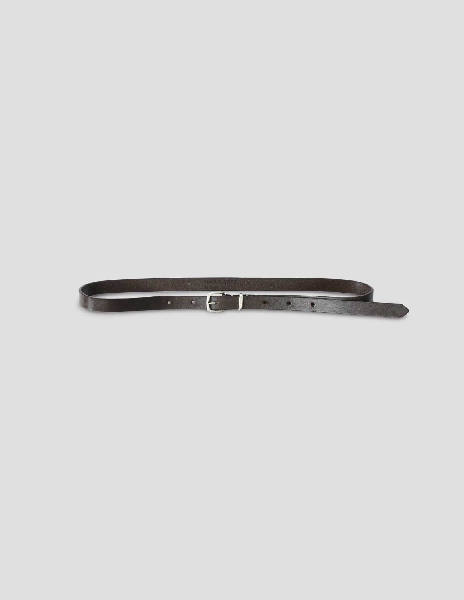 Slim Silver Buckle Belt Bridle Leather Dark Brown