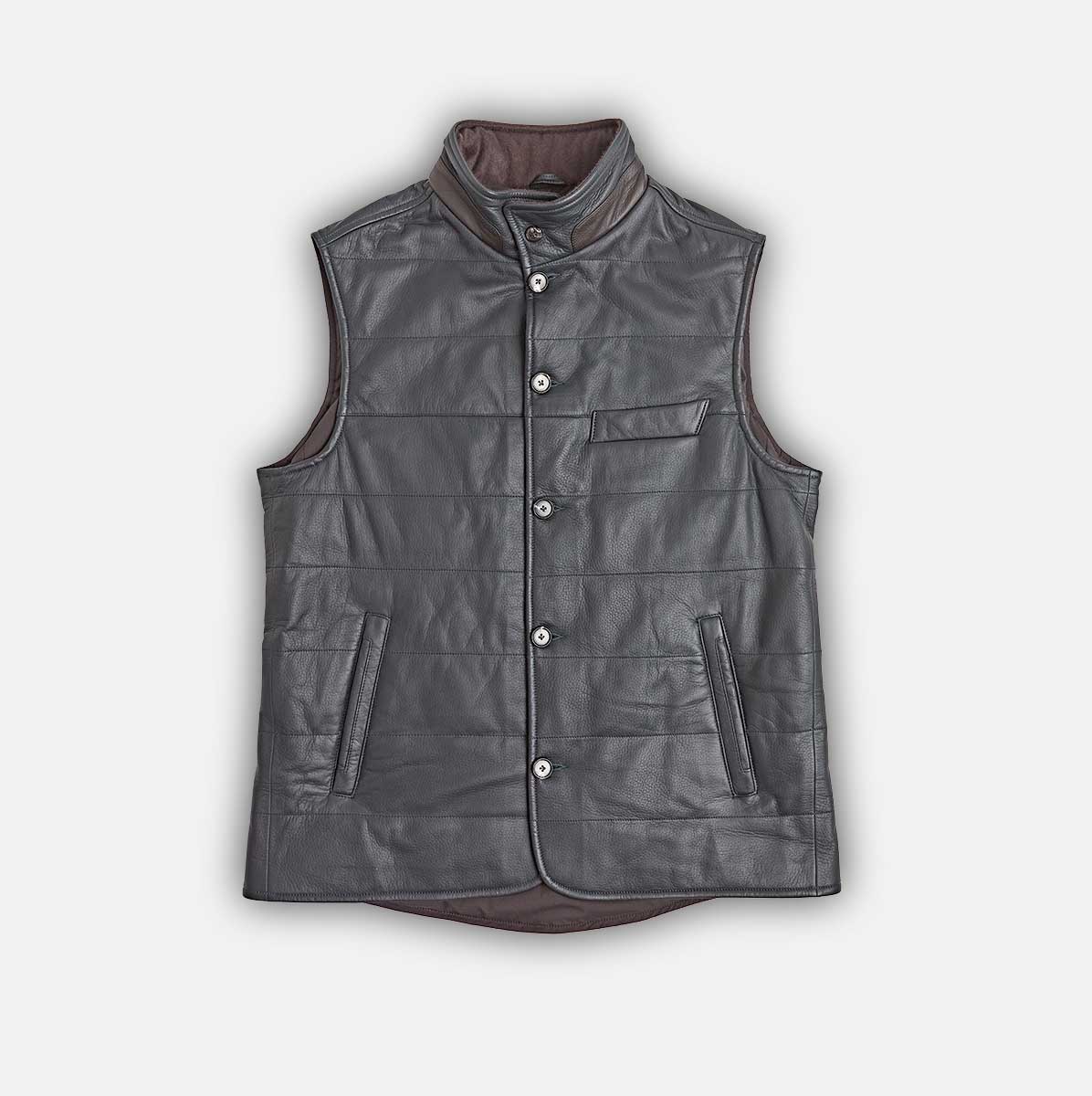 Marine Blue Leather Button Up Gilet