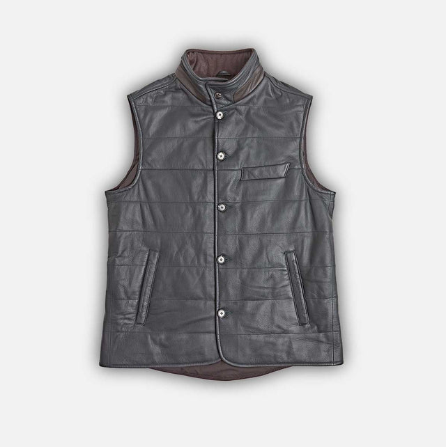 Marine Blue Leather Button-Up Gilet