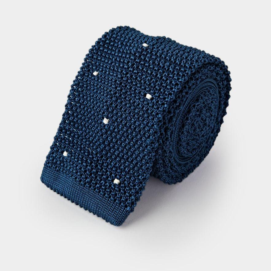 Marine Blue White Spot Knitted Silk Tie