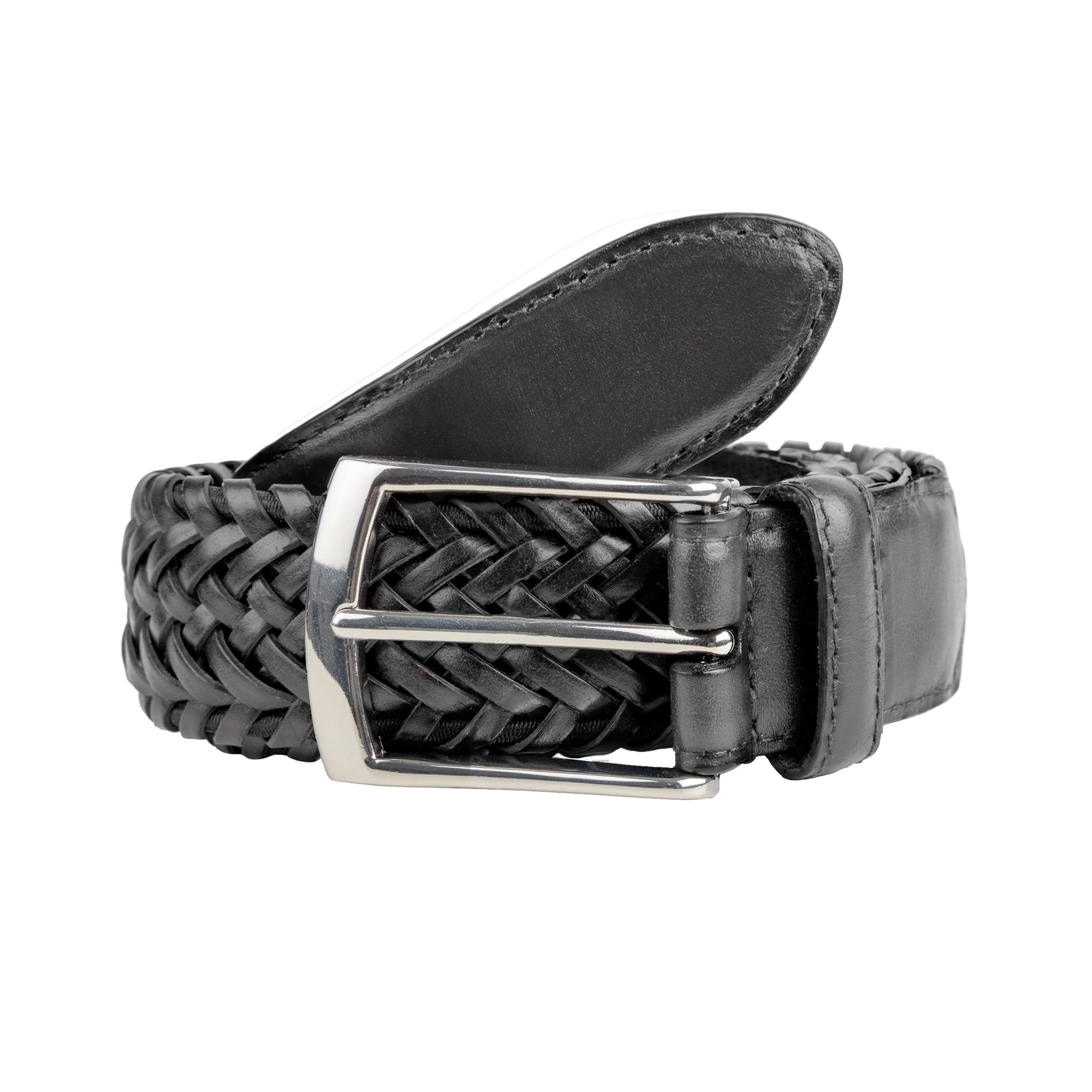 Men S Woven Leather Belt With Satin Nickel Buckle