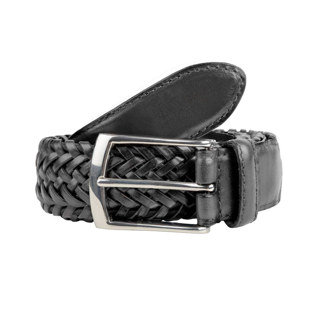 Men's Woven Leather Belt with Satin Nickel Buckle