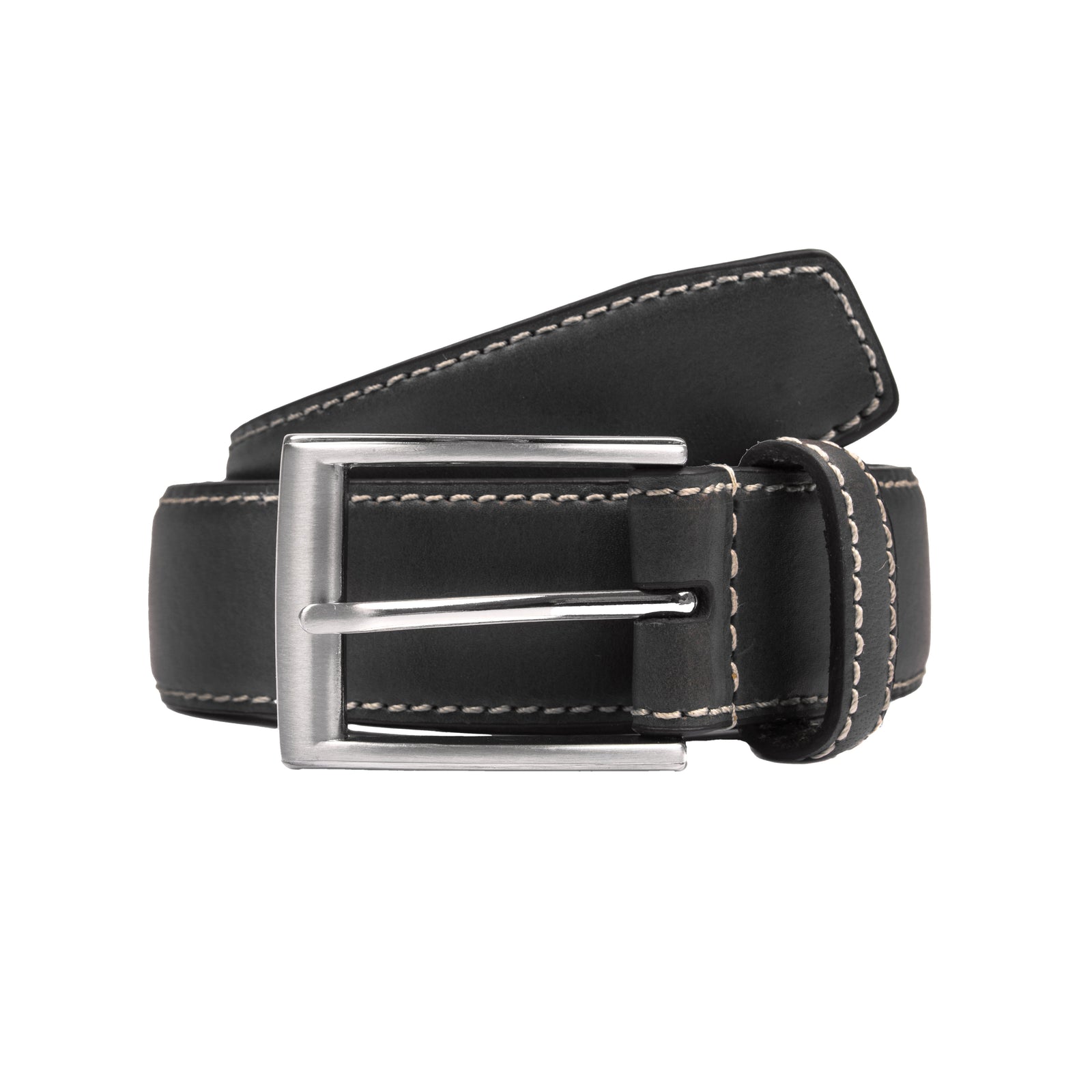 Men S Full Grain Leather Belt With Satin Nickel Buckle And Contrast Stitching