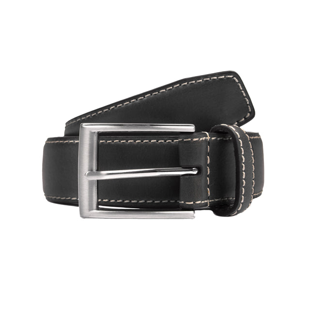 Men's Full-Grain Leather Belt with Satin Nickel Buckle and Contrast Stitching