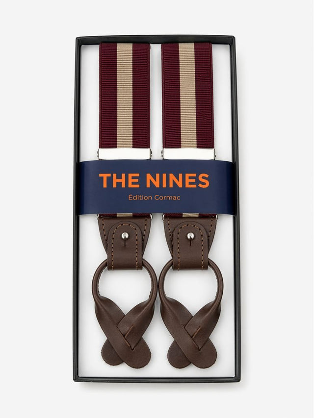 Men's striped burgundy and beige button suspenders