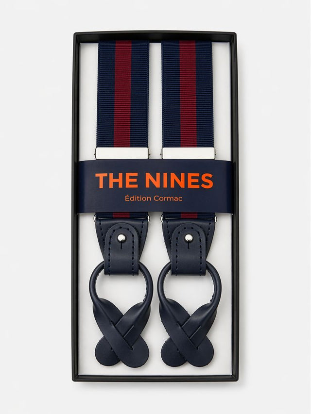 Men's striped navy blue and burgundy button suspenders