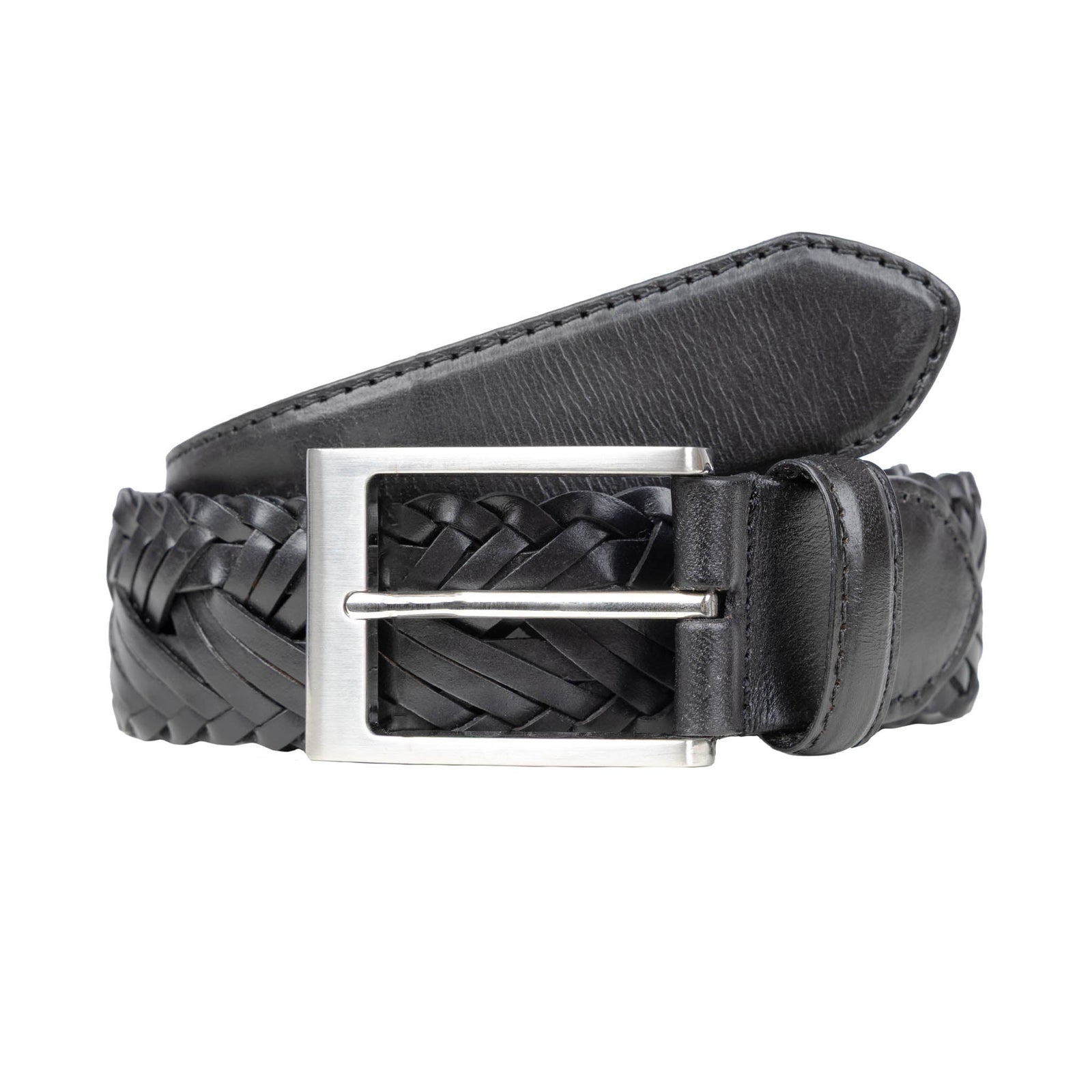 Men's Woven Leather Belt with Brushed Silver Buckle