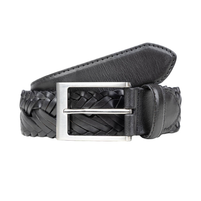 Men's Woven Leather Belt with Brushed Silver Buckle