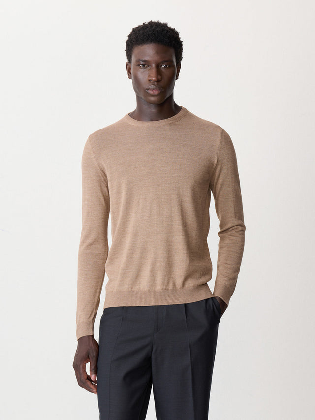 Pull col rond en laine Mérinos mélangée camel
